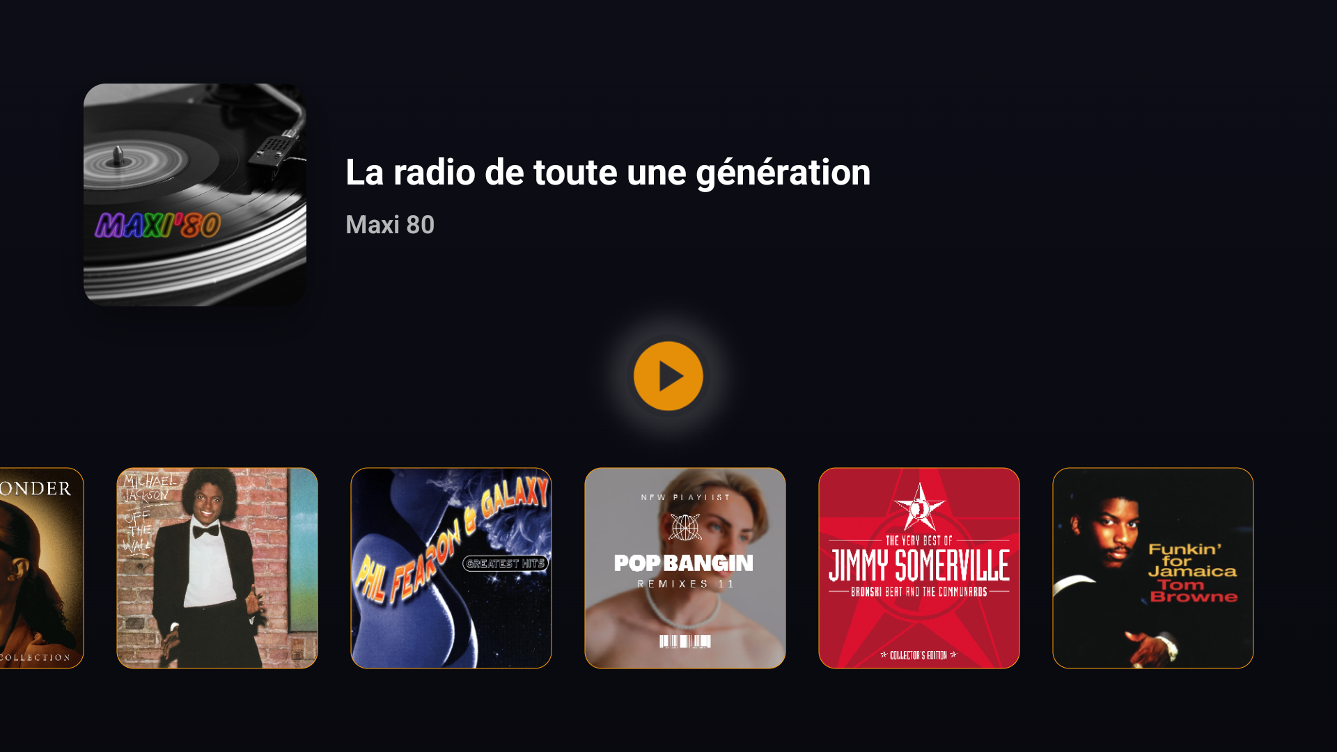 Maxi 80 sur Android TV : lecture en cours et rangée de pochettes récentes.