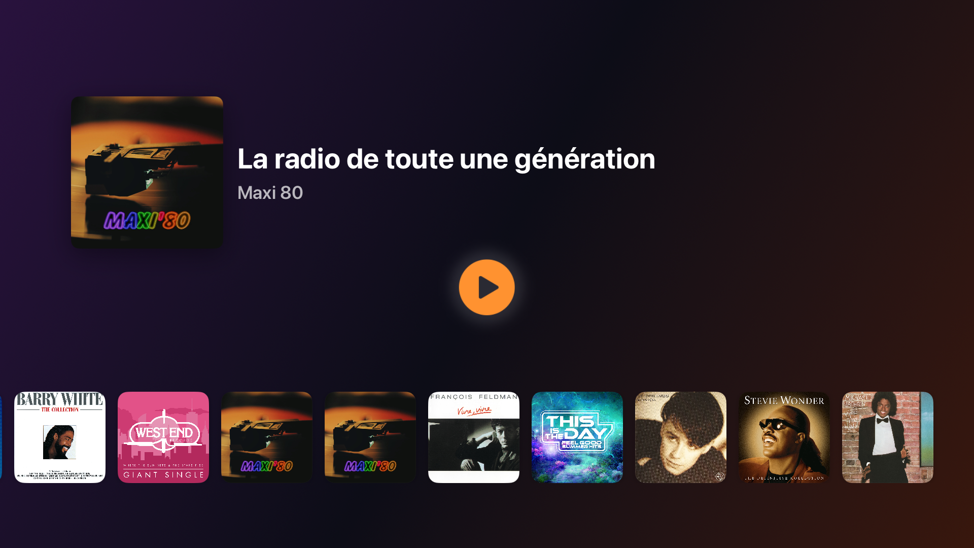 Maxi 80 sur Apple TV : lecture en cours et rangée de pochettes récentes.